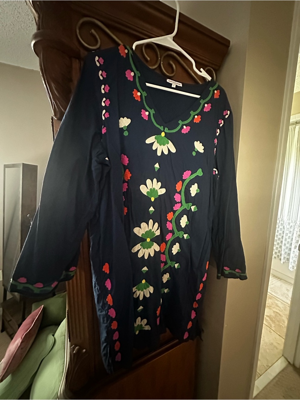 Frances Valentine Navy Long-Sleeve Floral Embroidered Dress